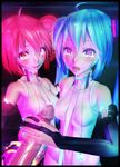  2girls 3d absurdres aqua_eyes aqua_hair aqua_nails bare_shoulders black_border blush border bridal_gauntlets detached_sleeves drill_hair elbow_gloves gloves green_eyes hatsune_miku hatsune_miku_(append) heart heart-shaped_pupils highres kasane_teto long_hair looking_at_viewer multiple_girls multiple_handjob nail_polish navel necktie open_mouth penis pink_nails pov precum red_eyes red_hair saliva smile source_filmmaker sparkle symbol-shaped_pupils tears tongue tongue_out twin_drills twintails utau very_long_hair vocaloid vocaloid_append welectric 