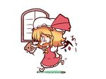  1girl barefoot blonde_hair chibi commentary_request dekasudachin dress flandre_scarlet full_body hair_ribbon open_mouth puffy_short_sleeves puffy_sleeves red_dress red_ribbon ribbon short_hair short_sleeves simple_background solo tears touhou wavy_mouth white_background 