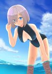  alternate_costume bent_over blue_eyes breasts cleavage cloud day front_zipper_swimsuit hair_over_one_eye hamakaze_(kantai_collection) hand_in_hair hanging_breasts kantai_collection large_breasts meme_attire one-piece_swimsuit partially_underwater_shot shizukage_(shizukageya) short_hair silver_hair sky smile solo swimsuit wading water wet 