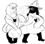  2018 3_toes ambiguous_gender anthro bedroom_eyes biped black_and_white caprine clothed clothing deltarune digital_drawing_(artwork) digital_media_(artwork) duo eye_contact eyewear fangs floppy_ears flower full-length_portrait fully_clothed fur fur_tuft furgonomics glasses goat half-closed_eyes hat head_tuft holding_clothing holding_object horn looking_at_another mammal monochrome pince-nez plant portrait ralsei registered111 robe scarf seductive simple_background smile snout square_crossover standing toes tuft video_games white_background wizard_hat 