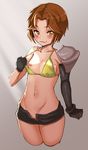  :3 bikini_top black_gloves blush bonbakudan breasts brown_eyes brown_hair elbow_gloves gloves groin midriff navel nipples no_panties one_breast_out open_fly pulled_by_self school_girl_strikers short_hair short_shorts shorts shoulder_pads single_elbow_glove small_breasts solo takamine_ako unzipped 