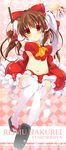  arms_up bare_shoulders blush bow breasts brown_hair character_name detached_sleeves gohei hair_bow hair_tubes hakurei_reimu haraegushi highres large_breasts navel ofuda oonusa red_eyes sash solo thighhighs touhou underboob white_legwear yumemiya_subaru 