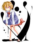  &gt;:) barefoot darkness ex-rumia highres leaning_forward red_eyes ribbon rumia scythe shirt short_hair skirt smile solo touhou v-shaped_eyebrows vest weapon you_shugyouchuu 