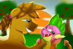  2015 absurd_res blue_eyes dragon duo equine fan_character friendship_is_magic fur green_eyes hi_res horse male male/male mammal my_little_pony n-prophet open_mouth ponytail scalie simple_background size_difference smile spike_(mlp) sunset teeth tongue tree young 