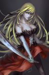  bare_shoulders blonde_hair breasts cleavage crossing elbow_gloves gloves highres kiss-shot_acerola-orion_heart-under-blade large_breasts long_hair monogatari_(series) pantyhose solo sword very_long_hair weapon yellow_eyes 
