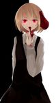  bad_id bad_pixiv_id black_background blonde_hair blood blood_on_fingers bloody_clothes bloody_hands finger_in_mouth hair_ribbon highres ogami_ren red_eyes ribbon rumia shirt short_hair skirt solo touhou two-tone_background vest white_background wing_collar 