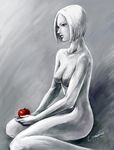  apple claymore crossing dated food fruit helen_(claymore) highres nude parted_lips short_hair signature sitting solo spot_color wariza 