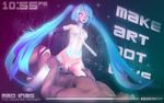  1girl 3d absurdres aqua_hair artist_name bare_shoulders barefoot bridal_gauntlets clock cum cum_in_pussy detached_sleeves digital_clock elbow_gloves fake_screenshot female_ejaculation fingerless_gloves gloves glowing glowing_eyes gradient gradient_background green_eyes hands_on_another's_hips hatsune_miku hatsune_miku_(append) hetero highres leaning_back long_hair navel necktie no_panties orgasm penis sex source_filmmaker sparkle stomach straddling text_focus thighhighs twintails vaginal vocaloid vocaloid_append welectric 
