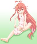  ahoge animal_print barefoot bunny_panties bunny_print crescent crescent_hair_ornament dressing front-print_panties fujii_tatsuya hair_ornament kantai_collection long_hair low-tied_long_hair panties panties_removed pink_eyes pink_hair pink_panties print_panties sitting solo underwear uzuki_(kantai_collection) very_long_hair vest 