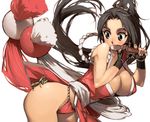  ass blush breasts brown_eyes brown_hair bug cleavage closed_fan covering_mouth fan fatal_fury folding_fan gloves huge_breasts insect japanese_clothes large_breasts long_hair pelvic_curtain ponytail praying_mantis revealing_clothes scared shiranui_mai sideboob solo the_king_of_fighters ysk! 