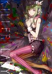  breasts flat_cap flower frills green_eyes green_hair gumi hair_flower hair_ornament hand_on_own_chest hat headphones jewelry killer_lady_(vocaloid) looking_at_viewer medium_breasts necklace no.18 paint_splatter pantyhose purple_eyes short_hair_with_long_locks shorts sideboob sidelocks smiley_face solo song_name striped striped_legwear tattoo vertical-striped_legwear vertical_stripes vocaloid wristband 