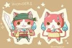  blush cat fangs fire haramaki jibanyan multiple_tails no_humans notched_ear open_mouth simple_background sparkle star sword tail tail-tip_fire twitter_username two_tails umi_(srtm07) weapon wondernyan_(youkai_watch) youkai youkai_watch youkai_watch_2 