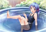  barefoot blue_hair brown_eyes feet leg_up long_hair monokuru one-piece_swimsuit original ponytail school_swimsuit sitting smile solo swimsuit v wading_pool water wet 