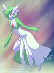  2014 abstract_background breasts cleavage clothed clothing dress eyelashes female gardevoir green_hair hair kattotang nintendo pok&eacute;mon red_eyes short_hair smile solo video_games 