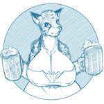  alcohol bare_shoulders beer beverage big_breasts breasts cleavage clothed clothing feline female huge_breasts jmadoc khajiit looking_at_viewer mammal monochrome sketch smile solo the_elder_scrolls video_games 