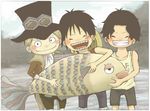  3boys cravat fish goggles hat male male_focus monkey_d_luffy multiple_boys one_piece portgas_d_ace sabo_(one_piece) smile stampede_string straw_hat tank_top top_hat younger 