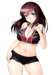  blush breasts brown_hair cleavage contrapposto green_eyes large_breasts long_hair midriff miniskirt navel onsoku_maru pleated_skirt setsuko_ohara skirt solo standing stomach super_robot_wars super_robot_wars_z thighs underwear 