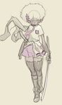  afro dark_skin flat_chest flower full_body hair_flower hair_ornament highres katana necktie no_more_heroes norasuko purple_eyes scarf school_uniform shinobu_jacobs short_hair sketch skirt solo sword thighhighs weapon white_hair zettai_ryouiki 