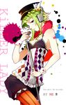  brown_eyes flat_cap frills green_hair gumi hat headphones jewelry killer_lady_(vocaloid) looking_at_viewer microphone microphone_stand multicolored multicolored_nails nail_polish paint_splatter pantyhose ring short_hair_with_long_locks shorts sidelocks solo song_name striped striped_legwear tattoo tsukomo vertical-striped_legwear vertical_stripes vocaloid wrist_cuffs 