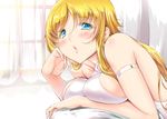  :o arm_strap bare_arms blonde_hair blue_eyes blush breasts chin_rest cleavage large_breasts long_hair looking_at_viewer open_mouth original sideboob solo usyuuri 