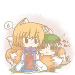  :x =_= animal_ears black_hair blonde_hair blush_stickers cat_ears cat_tail chen chibi closed_eyes closed_mouth commentary_request dekasudachin dress fox_ears fox_tail green_hat hat long_hair mob_cap multiple_girls multiple_tails nekomata open_mouth short_hair tabard tail touhou two_tails white_dress yakumo_ran 