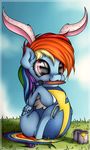  2015 aged_down animal_ears blue_fur bucket cute easter easter_egg equine female feral friendship_is_magic fur hair hi_res holidays mammal mouth_hold multicolored_hair my_little_pony neko-me paint paintbrush pegasus pink_eyes rabbit_ears rainbow_dash_(mlp) rainbow_hair solo underhoof wings 