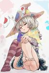  absurdres animal_ears bad_id bad_pixiv_id barefoot bunny_ears dress fake_animal_ears feet grey_hair hat highres irisu_kyouko irisu_shoukougun! long_hair panties pantyshot pantyshot_(sitting) red_eyes single_thighhigh sitting solo striped striped_legwear thighhighs toes underwear witch_hat 