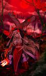  arm_up blonde_hair cross cross_necklace flower full_moon glowing glowing_weapon highres jewelry knife long_hair looking_at_viewer moon necklace nun petals pixiv_fantasia pixiv_fantasia_sword_regalia plant red_eyes red_flower red_moon red_rose rose rose_petals tateshina_ryouko torn_clothes very_long_hair vines weapon 