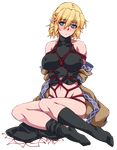  bare_shoulders bdsm blonde_hair blue_eyes bondage bound breasts covered_nipples full_body highres large_breasts mizuhashi_parsee navel ootsuki_wataru pointy_ears red_rope rope shibari shibari_over_clothes short_hair socks touhou transparent_background 