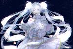  bad_id bad_pixiv_id capelet chromatic_aberration flower hand_on_own_chest hatsune_miku headset light_particles long_hair looking_at_viewer manako_(manatera) open_mouth outstretched_hand silver_eyes silver_hair snow_fairy_story_(vocaloid) snowflakes solo twintails very_long_hair vocaloid yuki_miku 
