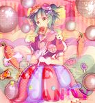  bad_id bad_pixiv_id candy candy_candy_(song) carrot cosplay disco_ball dress food food_in_mouth gloves goggles goggles_on_head green_eyes green_hair gumi highres jam kyary_pamyu_pamyu kyary_pamyu_pamyu_(cosplay) lollipop lyrics meishin_(primum00) mouth_hold puffy_short_sleeves puffy_sleeves short_sleeves sidelocks solo song_name toast toast_in_mouth two_side_up vocaloid white_gloves 