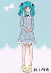  alternate_costume blue_eyes blue_hair blush character_name dress english eyelashes fashion hair_ornament hair_ribbon happinesscharge_precure! happy kagami_chihiro long_hair looking_at_viewer precure ribbon shirayuki_hime shoes smile solo striped striped_dress twintails 