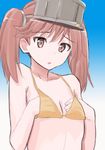  :o ata_(tsumari) bad_id bad_pixiv_id bikini bikini_top breast_conscious brown_eyes brown_hair covering covering_breasts flat_chest kantai_collection long_hair orange_bikini ryuujou_(kantai_collection) swimsuit twintails upper_body visor_cap 