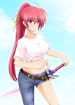  asymmetrical_clothes blue_eyes cosplay diesel-turbo kanzaki_kaori kanzaki_kaori_(cosplay) levantine long_hair lyrical_nanoha mahou_shoujo_lyrical_nanoha mahou_shoujo_lyrical_nanoha_a's midriff navel pink_hair ponytail signum single_pantsleg solo sword to_aru_majutsu_no_index weapon 