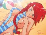  akairiot ball beach beachball blue_eyes blush borrowed_character bow braid breasts center_opening deep_skin freckles hair_between_breasts hair_bow hair_over_shoulder large_breasts long_hair looking_at_viewer lying on_back one-piece_swimsuit original red_hair sideboob single_braid solo swimsuit tan voltsurge_(s3rb4n) wet 