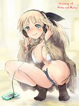  bikini_top blonde_hair blue_eyes breasts cellphone denim denim_shorts eighth_note hair_ribbon hands_on_headphones headphones highres jacket katharine_ohare large_breasts legs long_hair long_sleeves mishiro_shinza musical_note navel phone ponytail quarter_note ribbon short_shorts shorts smartphone smile socks solo squatting strap_gap tears thighs world_witches_series 