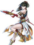  absurdres bangs bare_shoulders blue_eyes brown_hair crossing highres leg_up long_hair open_mouth original polearm ponytail solo spear weapon white_background 