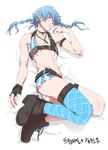 arm_strap bad_id bad_pixiv_id bikini_top boots braid bullet cosplay crossdressing dramatical_murder fingerless_gloves gloves jeje_(pixiv12541114) jewelry jinx_(league_of_legends) jinx_(league_of_legends)_(cosplay) league_of_legends lying male_focus necklace otoko_no_ko seragaki_aoba single_glove single_thighhigh solo thigh_strap thighhighs twin_braids twintails 