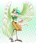 bad_id bad_pixiv_id barefoot blue_hair breasts closed_eyes clothes_writing donquixote_family dress feathered_wings feathers glomp green_hair green_wings happy harpy hug long_hair medium_breasts monet_(one_piece) monocle monster_girl multiple_girls one_piece open_mouth polka_dot polka_dot_dress short_hair siblings sisters smile striped sugar_(one_piece) talons tank_top wings yudoufu_(tetra_y) 