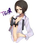  bad_id bad_pixiv_id black_hair bra breasts brown_eyes eyelashes happy hukasikasi idolmaster idolmaster_cinderella_girls looking_at_viewer necktie shirt short_hair simple_background sketch small_breasts smile solo tougou_ai underwear undressing white_background white_shirt 