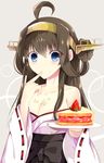  ahoge bad_id bad_pixiv_id blue_eyes breasts brown_hair cleavage double_bun food food_on_body fruit hairband highres japanese_clothes kantai_collection kongou_(kantai_collection) long_hair medium_breasts myuton nontraditional_miko pie ribbon-trimmed_sleeves ribbon_trim solo strawberry 