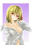  bad_id bad_pixiv_id bare_shoulders blonde_hair blush breasts hair_ribbon highres muchi_maro nipples open_clothes open_mouth open_shirt red_eyes ribbon rumia shirt short_hair small_breasts smile solo touhou 