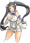  black_hair blue_ribbon breasts cleavage_cutout cropped_legs dress dungeon_ni_deai_wo_motomeru_no_wa_machigatteiru_darou_ka gloves hair_ribbon hestia_(danmachi) large_breasts long_hair perky_breasts rei_no_himo ribbon sachito smile solo twintails unaligned_breasts white_dress white_gloves 