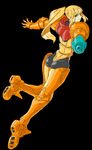  absurdres arm_cannon blonde_hair blue_eyes full_body highres long_hair metroid no_headwear no_helmet power_suit samus_aran solo usukawa varia_suit weapon 