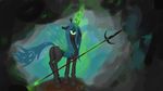  butt changeling eyeshadow female friendship_is_magic green_eyes hair holes horn long_hair looking_at_viewer magic makeup my_little_pony polearm queen queen_chrysalis_(mlp) ranseur royalty slit_pupils spear tomayto weapon 