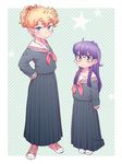  black_skirt blonde_hair blue_eyes dr._slump glasses hand_on_hip kimidori_akane long_skirt messy_hair mochimomomo multiple_girls norimaki_arale ponytail purple_eyes purple_hair school_uniform serafuku shoes skirt sneakers standing sukeban 