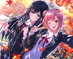  2girls ;d autumn_leaves bangs black_hair blush dutch_angle eyebrows_visible_through_hair green_eyes hair_between_eyes hair_bun head_tilt hikigaya_hachiman leaf long_hair long_sleeves multiple_girls one_eye_closed open_mouth outdoors pink_hair reaching_out red_eyes school_uniform self_shot short_hair sitting smile swordsouls v yahari_ore_no_seishun_lovecome_wa_machigatteiru. yuigahama_yui yukinoshita_yukino 