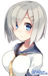  between_breasts blue_eyes blush breasts character_name collarbone dated hair_ornament hair_over_one_eye hairclip hamakaze_(kantai_collection) highres image_sample kantai_collection kuro_chairo_no_neko large_breasts looking_at_viewer paw_print school_uniform serafuku short_hair short_sleeves silver_hair simple_background solo strap twitter_sample twitter_username upper_body white_background 