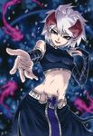 bare_shoulders blue_eyes detached_sleeves duel_monster fangs hair_ornament isolde_belle_of_the_underworld looking_at_viewer midriff nasubino navel pointy_ears reaching_out short_hair smile solo white_hair yuu-gi-ou 