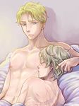  aldnoah.zero blonde_hair cruhteo multiple_boys scar shirtless silver_hair slaine_troyard sleeping tsubaki_kasuga 